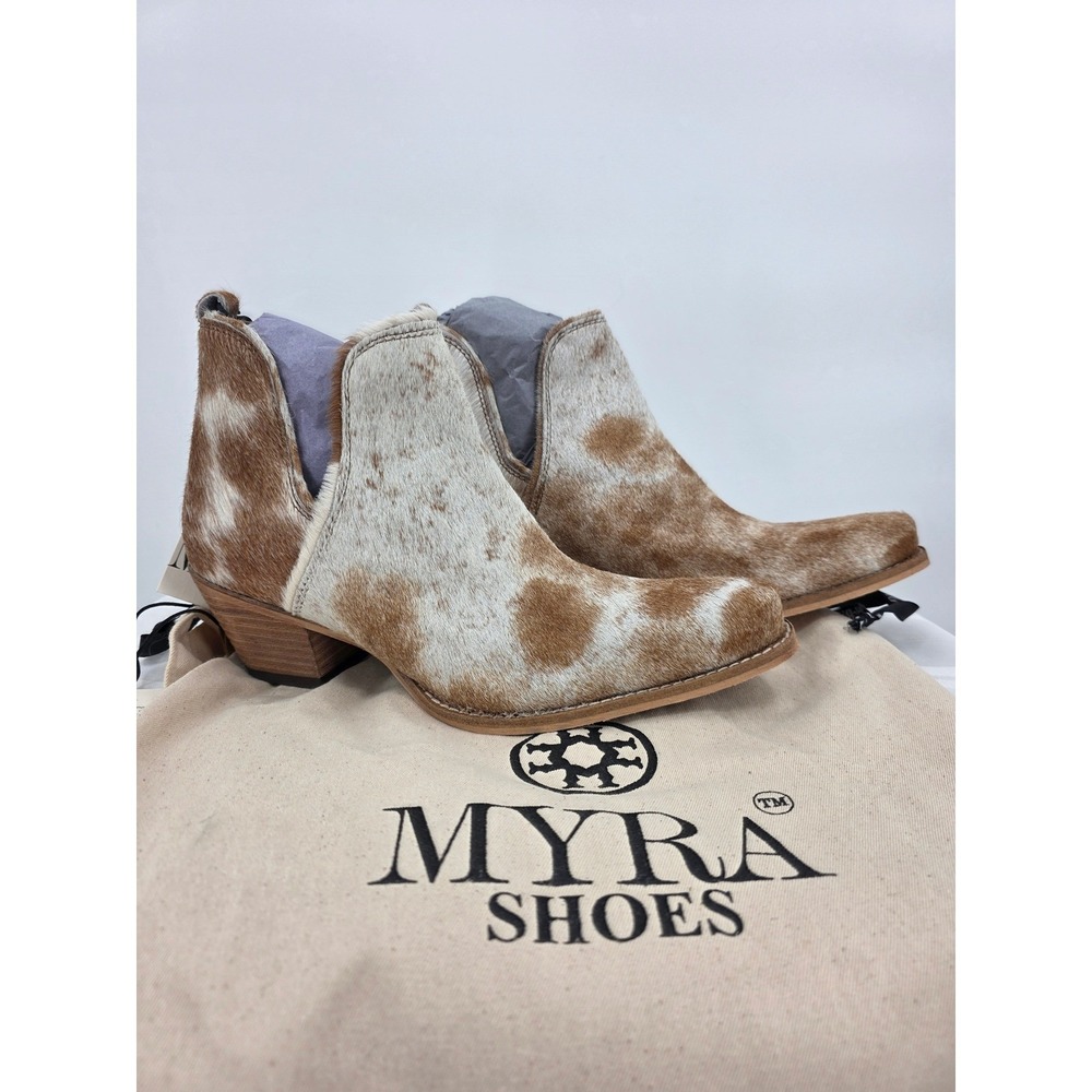 Myra Bag Sunset Bloom Hair-on-Hide Leather Western Ankle Bootsโ Tan White 9 NWT